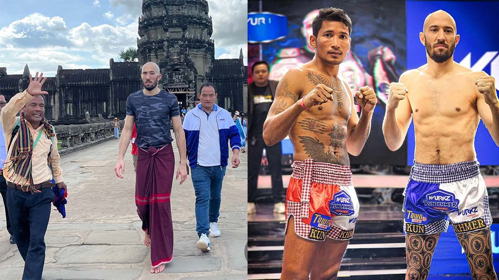 Dave Leduc, the Myanmar-Canadian boxing martial artist, traveled to the Angkor Wat Temple after the fight with Kun Khmer legend Prum Samnang.