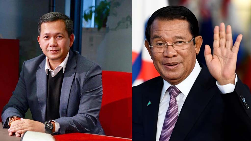 Samdech Moha Borvor Thipadei Hun Manet, the current Prime Minister of Cambodia (Left), is pictured with his father, Samdech Techo Hun Sen (Right).
