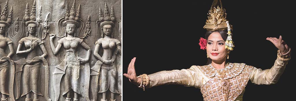 The Apsara dance is inspired by the detailed carvings discovered at the Angkor Wat Temple.
