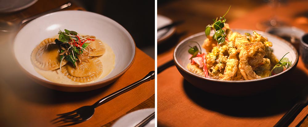 Duck Confit Ravioli - Lotus Roots and Flowers Tempura at The Mansion Restaurant.